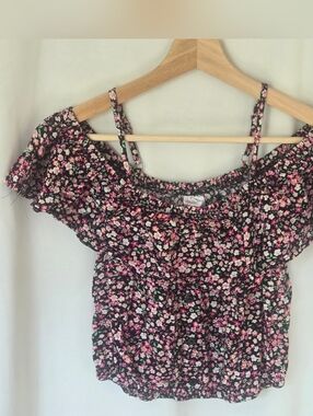 No Boundaries Black Floral Off-Shoulder Camisole with Pink Flowers